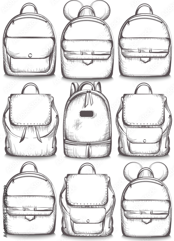 Schoolbags set Vector line art. Graphic style satchels Schoolbags set Vector line art. Graphic style satchels