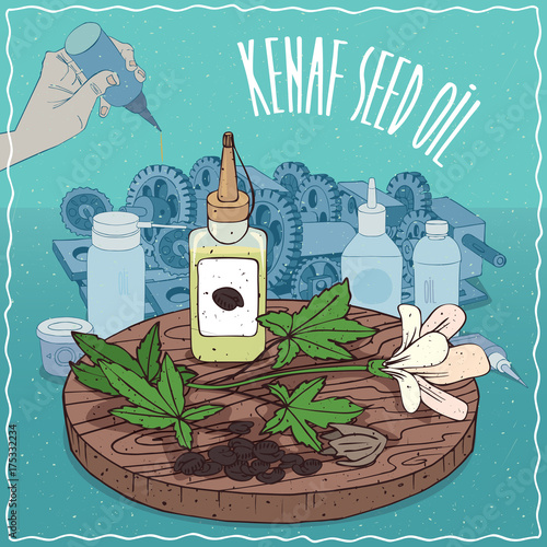 Plastic Oil Can of Kenaf seed oil and flower and seeds of Hibiscus cannabinus plant. Hand lubrication mechanism. Natural vegetable oil used as grease lubricant