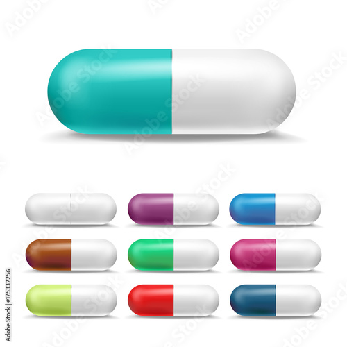 3D Realistic Pills Set Vector. Colored Painkiller, Pharmaceutical Antibiotics. Color Medicine Capsule Pill In Two Glossy Halfs. Isolated On White Illustration