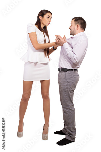 Woman dominates male. Female boss berates his subordinates. Interaction in the business team. Woman director and a man slave. Relationship between man and woman. Isolated white background.