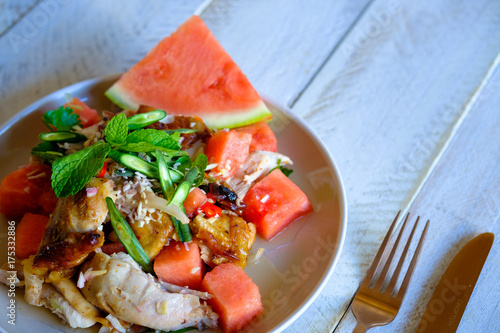 Watermelon and grilled chicken salad.
