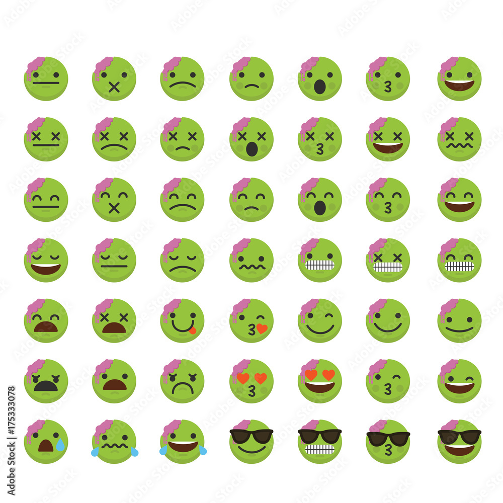 Set of emoji zombie halloween emoticon character faces. Stock Vector