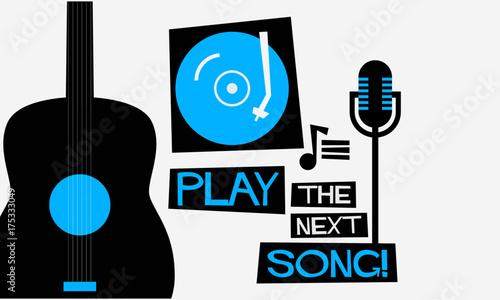 Retro Play The Next Song Poster with Mic Guitar and Turntable Illustration