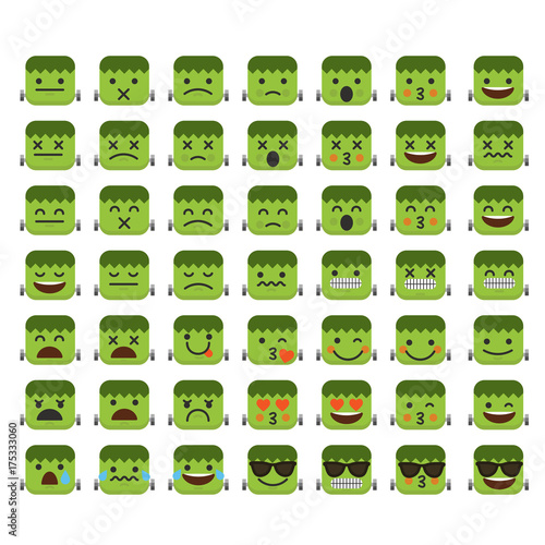 Set of emoji frankenstein halloween emoticon character faces. 