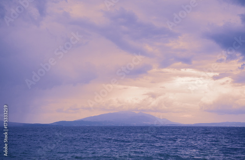 Mountain and Sea at Purple Sunset