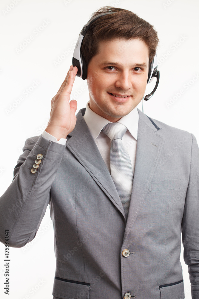Customer support phone operator at office. In a studio. Customer support phone operator at office. In a studio.