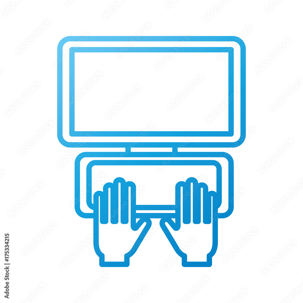 hand on laptop keyboard with blank screen monitor hand on laptop keyboard with blank screen monitor