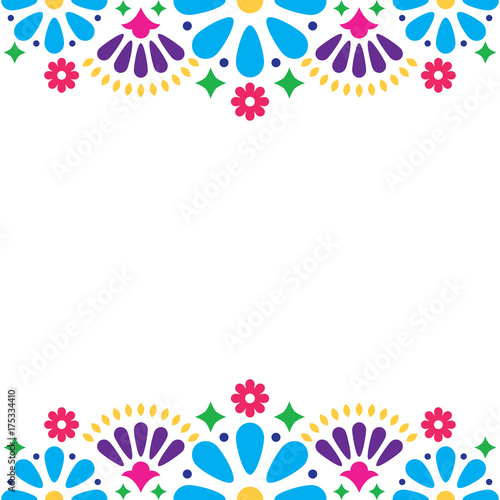Mexican folk vector wedding or party invitation, floral happy greeting card, colorful design with flowers and abstract shapes