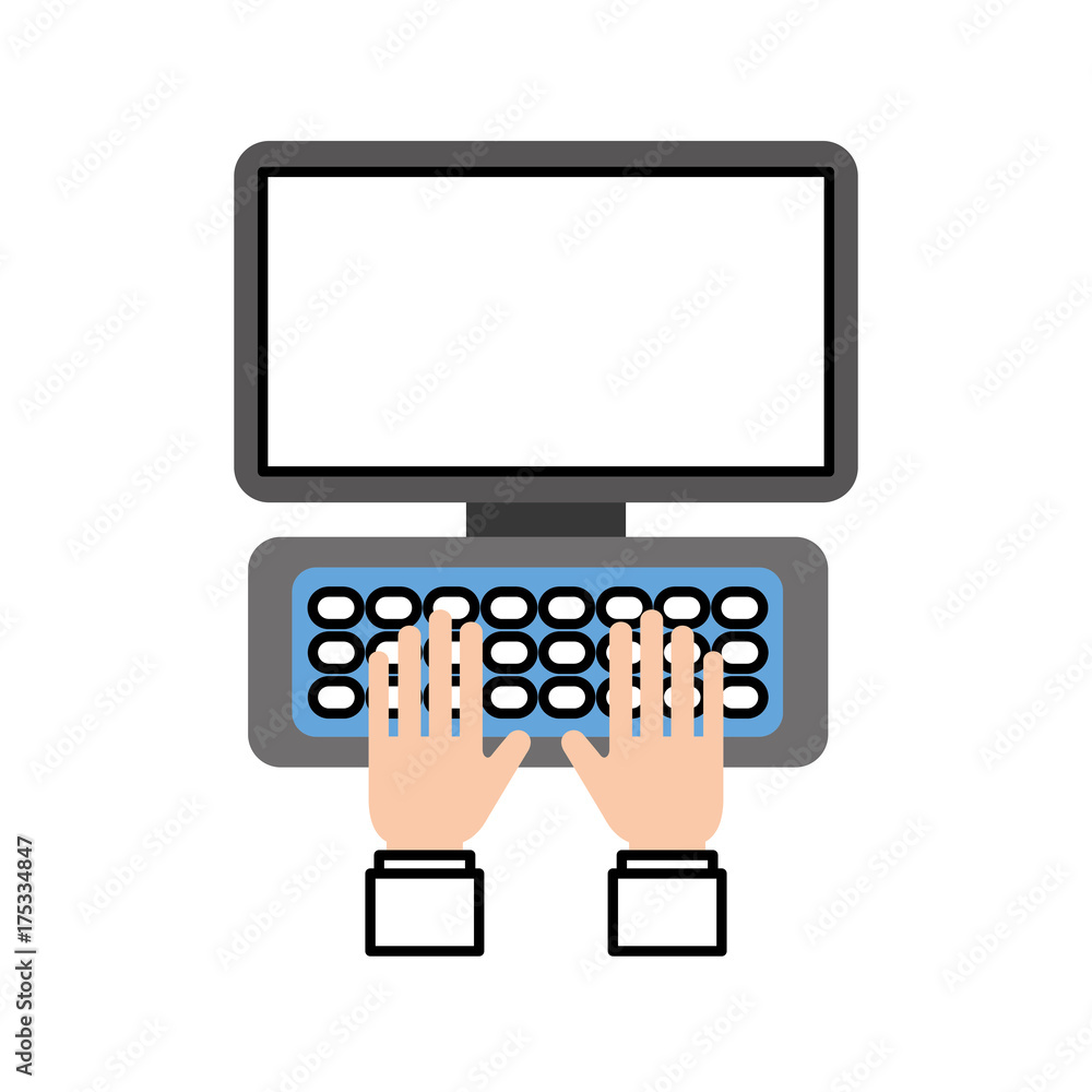 hand on laptop keyboard with blank screen monitor hand on laptop keyboard with blank screen monitor