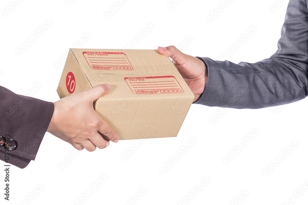 businessman hand offering a package box isolated on white background businessman hand offering a package box isolated on white background