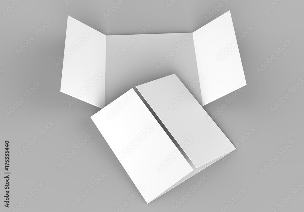 Square single open gate fold brochure, 3 panel and six pages leaflet. blank white 3d render illustration. Square single open gate fold brochure, 3 panel and six pages leaflet. blank white 3d render illustration.