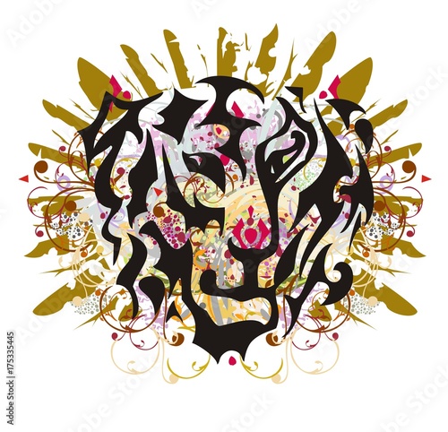 Fototapeta Naklejka Na Ścianę i Meble -  Tiger head mascot with gold feathers. Grunge colorful tiger head splashes with twirled floral elements