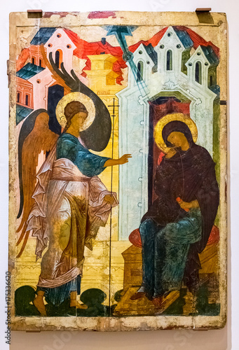 Fototapeta The Annunciation painted on wooden board, Mid-16th century
