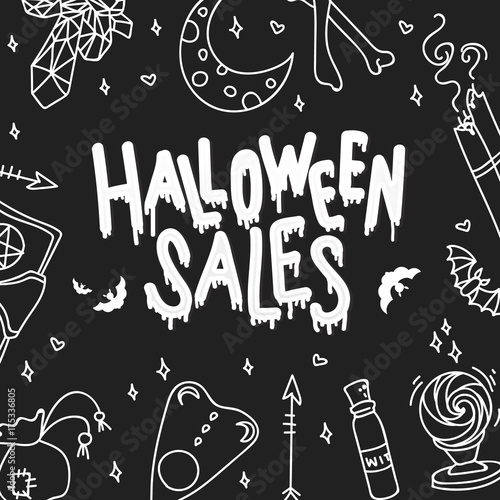 Happy Halloween Sales. The trend calligraphy. Illustration with witchcraft