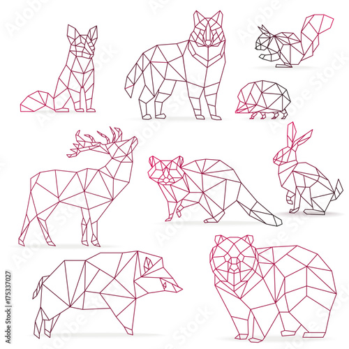 Low poly color gradient line animals set. Origami poligonal line animals. Wolf bear, deer, wild boar, fox, raccoon, rabbit and hedgehog.