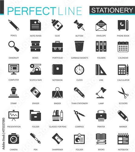 Black classic office stationery icons set for web