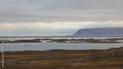 Cloudy morning in the westfjords of Iceland. Coastal landscape near Budardalur.