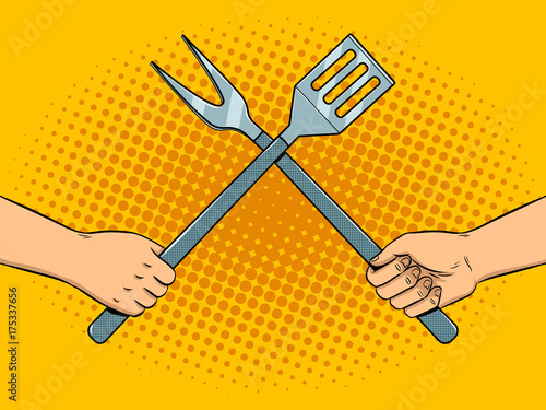 Battle on kitchen utensils pop art vector