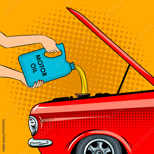 Hands poured motor oil pop art vector illustration