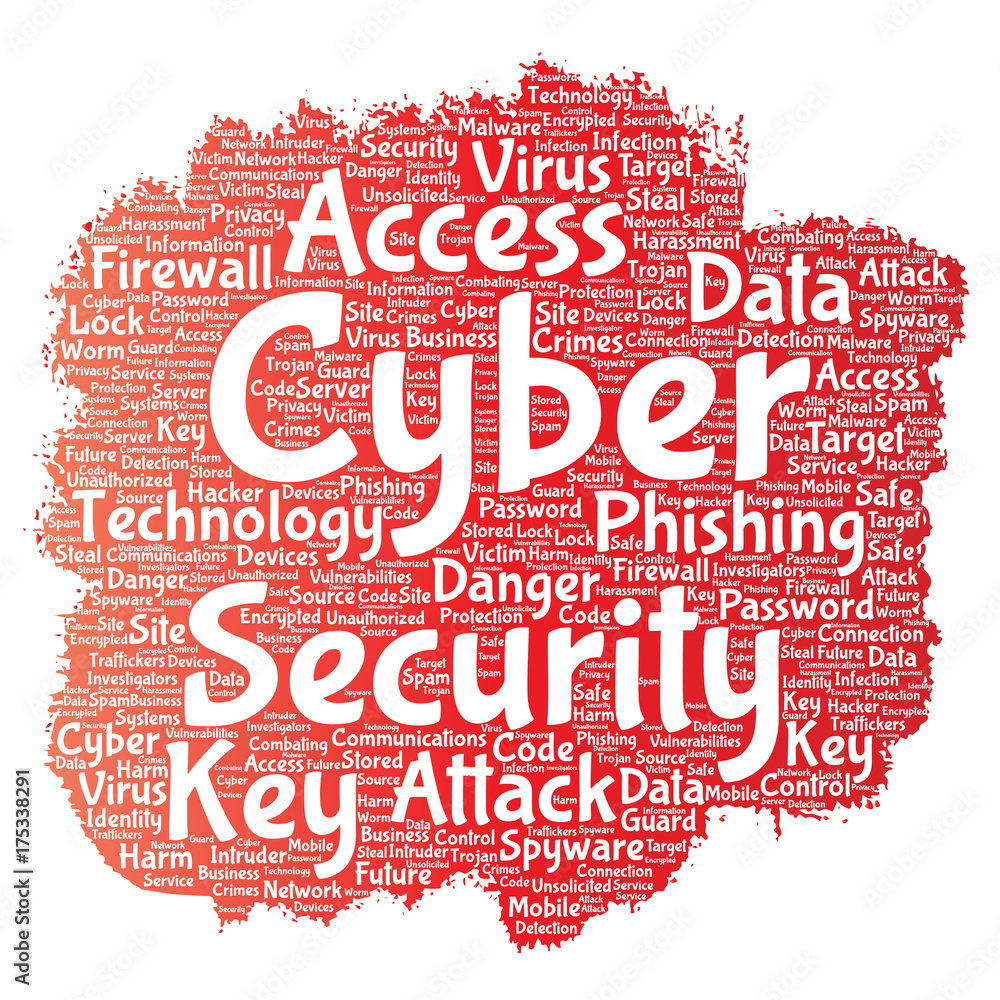 Vector conceptual cyber security online access technology paint brush word cloud isolated background. Collage of phishing, key virus, data attack, crime, firewall password, harm, spam protection Vector conceptual cyber security online access technology paint brush word cloud isolated background. Collage of phishing, key virus, data attack, crime, firewall password, harm, spam protection