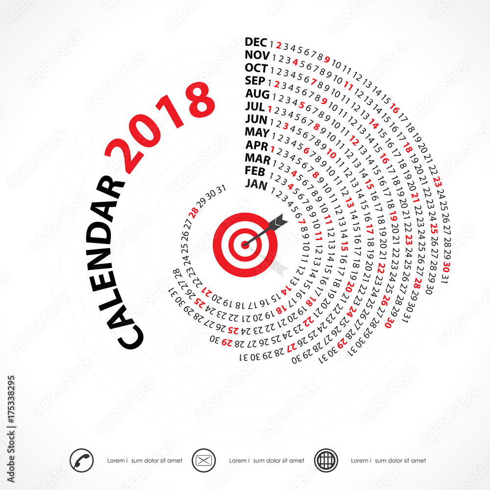 2018 Calendar Template.Spiral calendar.Calendar 2018 Set of 12 Months.Vector design stationery template.Week starts Monday.
