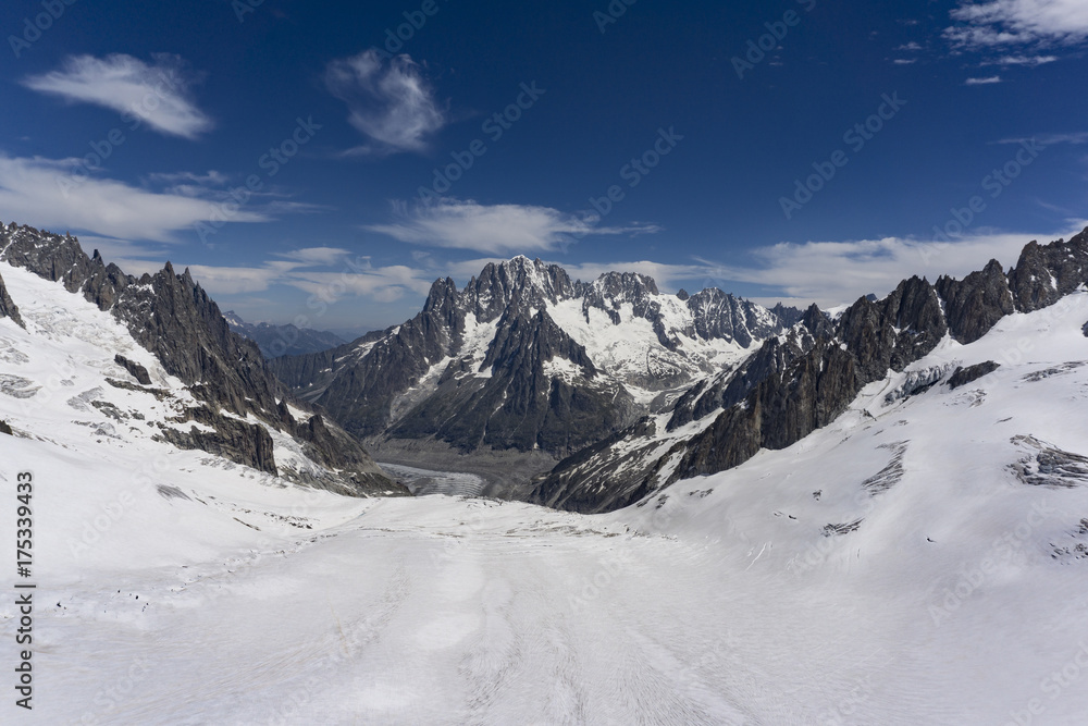 The beautiful majestic scenery of the Mont Blanc massif in June. Alps.
