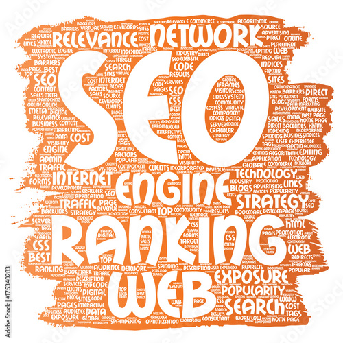 Vector conceptual search results engine optimization top rank, seo brush or paint online internet word cloud text isolated on background. Marketing strategy web page content relevance network concept