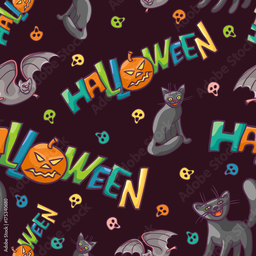 Bright vector seamless pattern to all saints day. Children celebration Halloween. Funny black cats funny flying mouse. A fun festive background for the party, gift wrapping or cards.