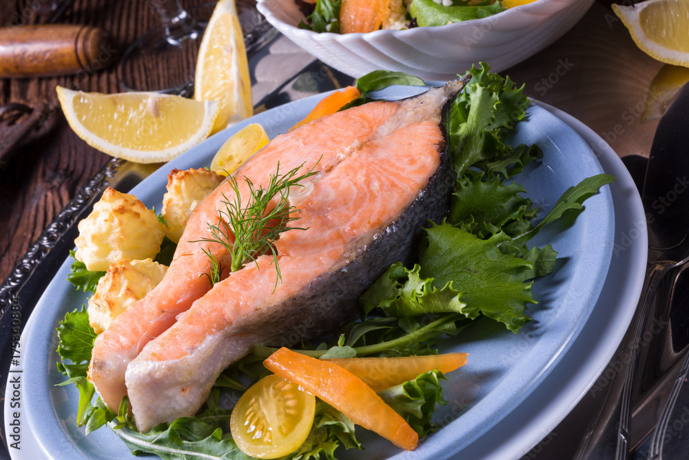 salmon with butter fried potato puree and salad