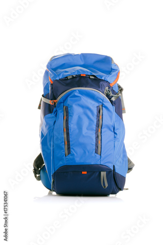 Photo of blue backpack on empty background