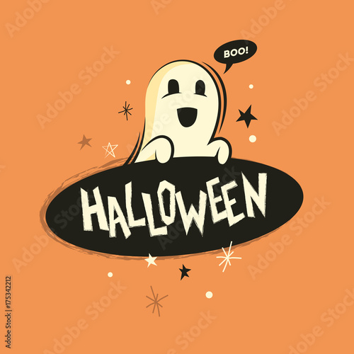 A happy halloween spooky ghost holding a sign. Vector illustration