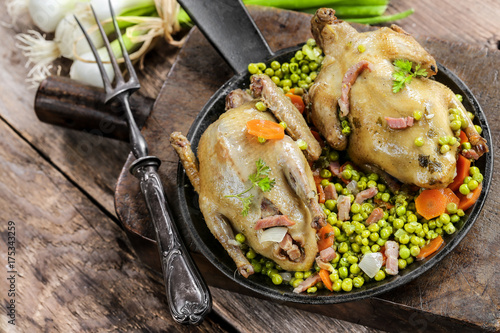 duo de pigeons petits légumes et lardons photo