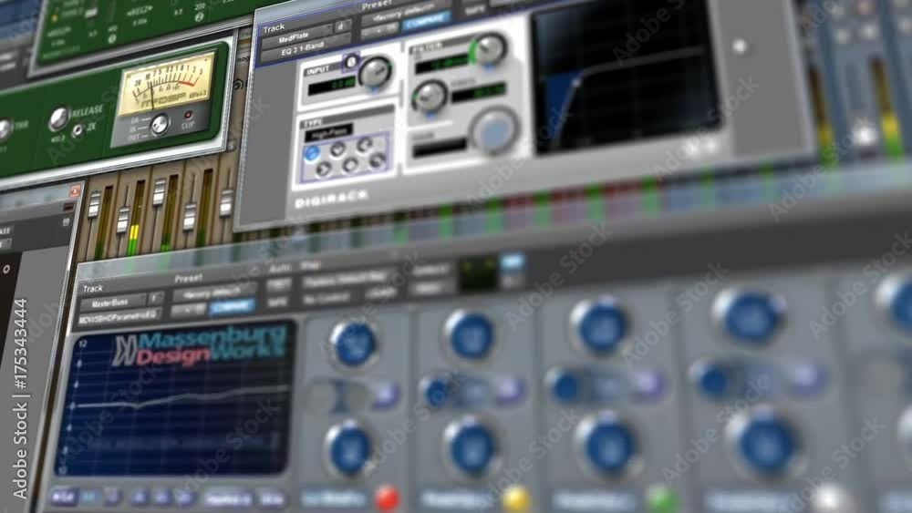 Playback screen of professional pro audio digital audio workstation displaying a view at a song created in a studio with sound design and engineering elements, recording clips and waveforms Playback screen of professional pro audio digital audio workstation displaying a view at a song created in a studio with sound design and engineering elements, recording clips and waveforms