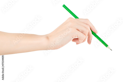 Hand holding pen, isolated with clipping path