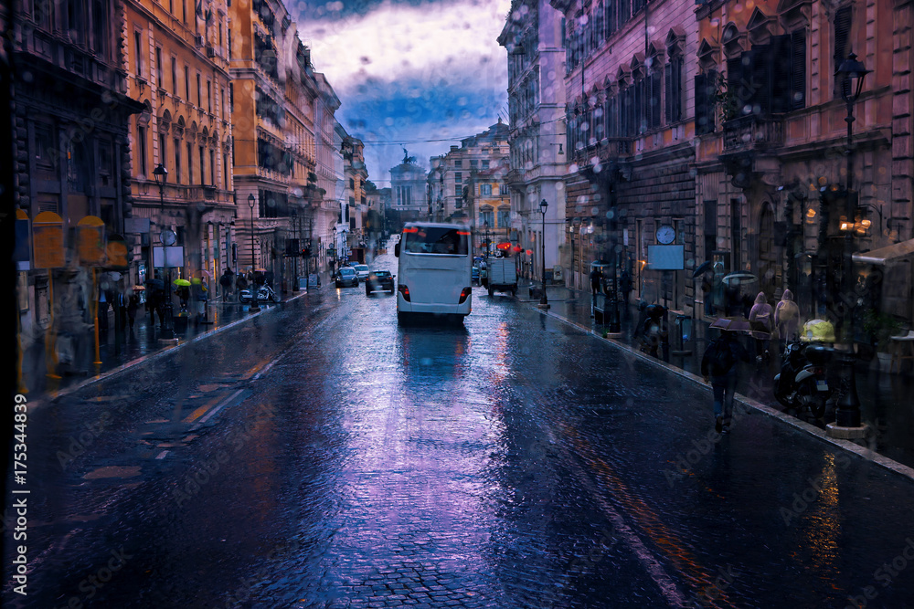 street view of raining day and old european building in rome italy