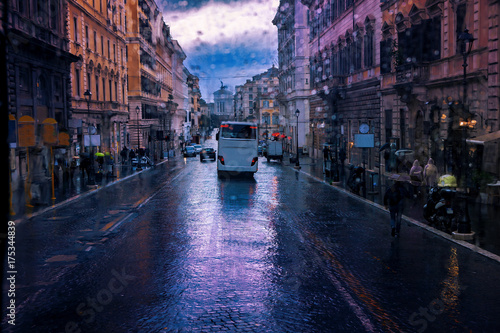 Photography street view of raining day and old european building in rome italy