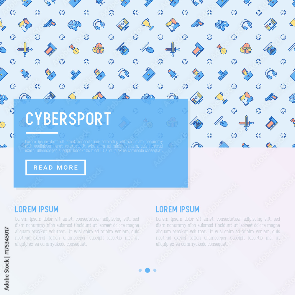 Cybersport concept with thin line icons: gamer, computer games, pc, headset, mouse, game controller. Modern vector illustration for banner, web page, print media.