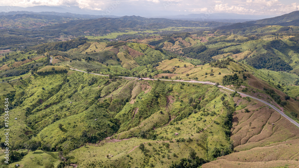 Aerial view of Nan's romantic road number 1081 in the northern part of Thailand, Beautiful route along the montains, which called Sky route 