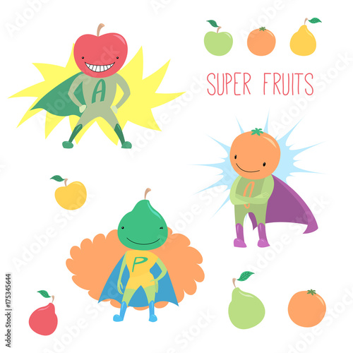 Hand drawn vector illustration of cute funny fruits, apple, orange and pear, in super hero costumes, standing proudly and smiling.
