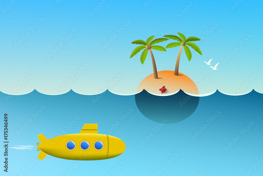 Cartoon submarine floats underwater near the island. Cartoon yellow  submarine. Stock Vector | Adobe Stock