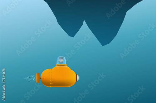 Cartoon submarine with man inside floats underwater near the island.  Cartoon yellow submarine.