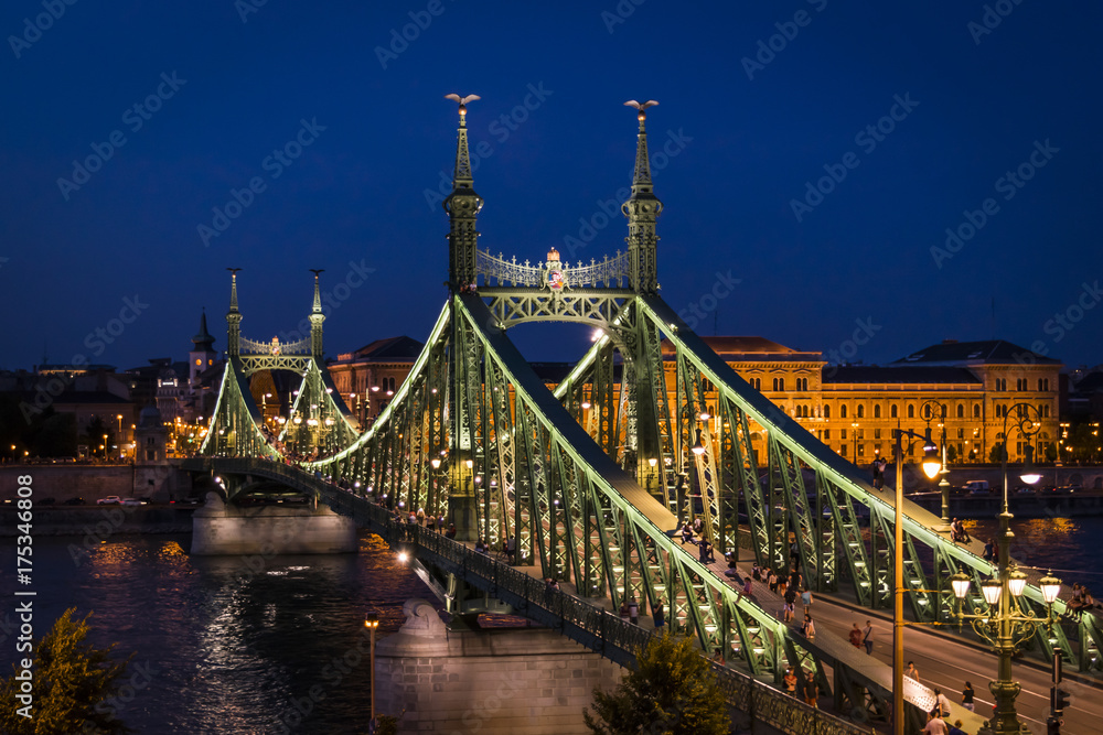 Obraz premium Budapest, capital of Hungary, night panorama. The illuminated Liberty Bridge on the river Danube, and University of Economics on the Pest side.