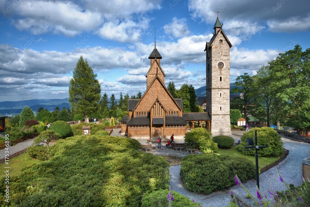 Medieval Norwegian stave church transferred from Vang in Norway and re-erected in 1842 in Karpacz, Poland