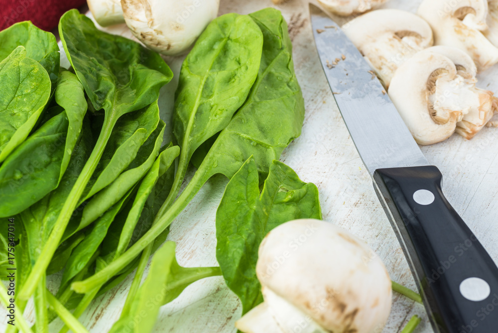 Ingredients for spinach mushroom quesadillas. Ingredients for spinach mushroom quesadillas.
