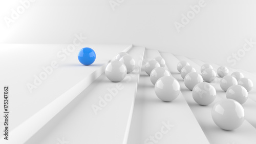 Leadership concept  blue leader ball with whites go up the steps  on white background. 3D Rendering.