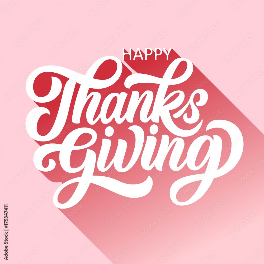 Happy thanksgiving brush hand lettering with long gradient shadow, on retro pink background. Calligraphy vector illustration. Can be used for holiday type design.