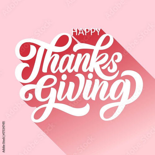 Happy thanksgiving brush hand lettering with long gradient shadow  on retro pink background. Calligraphy vector illustration. Can be used for holiday type design.