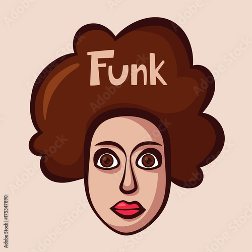 Funky logo with woman. Funk music. Cartoon vector illustration