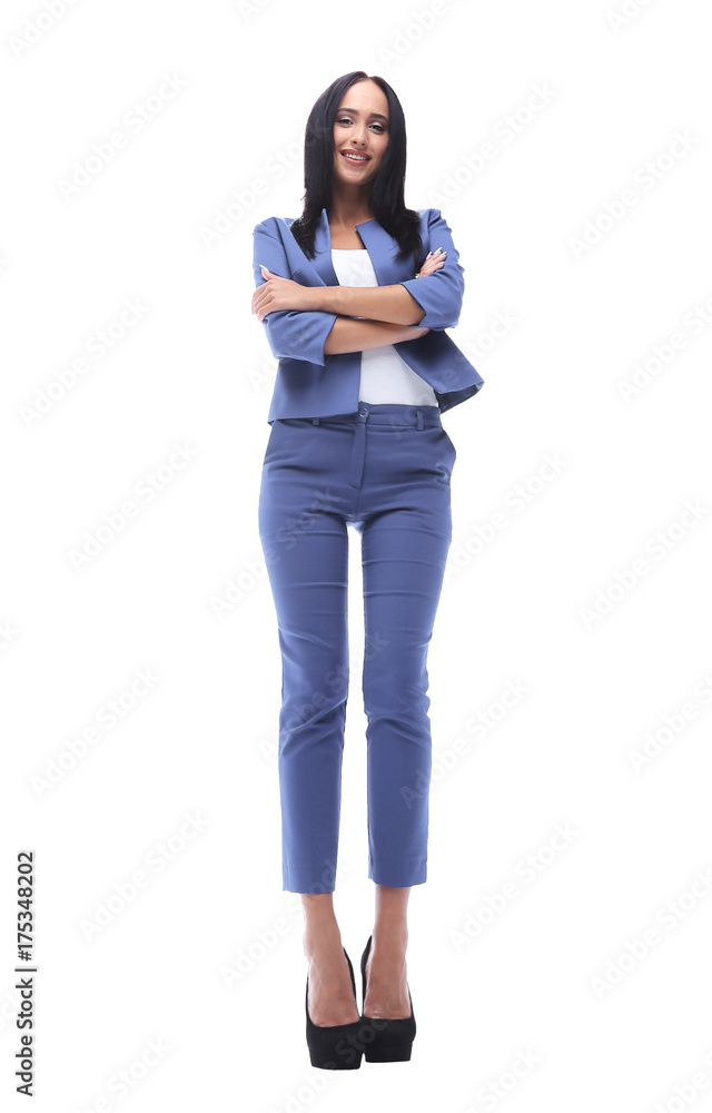 Modern business woman smiling and standing over a white backgrou Modern business woman smiling and standing over a white backgrou
