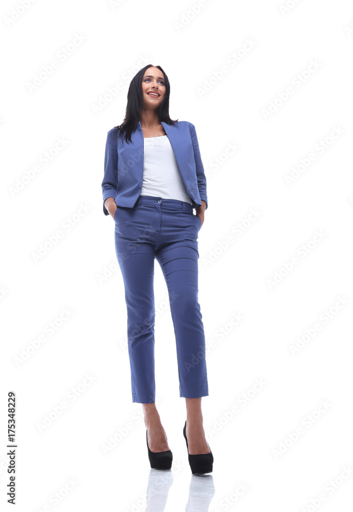 Modern business woman smiling and standing over a white backgrou Modern business woman smiling and standing over a white backgrou
